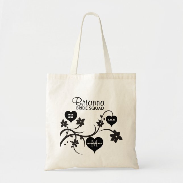 Black & White Flowers & Hearts Bride Squad Wedding Tote Bag (Front)