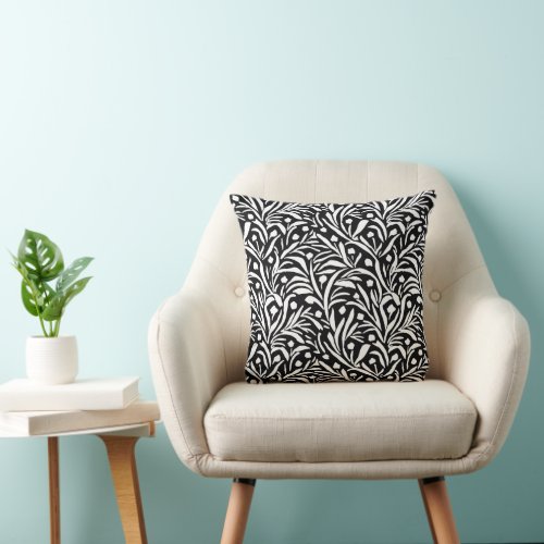 Black White Flowers Leaves Pattern Throw Pillow