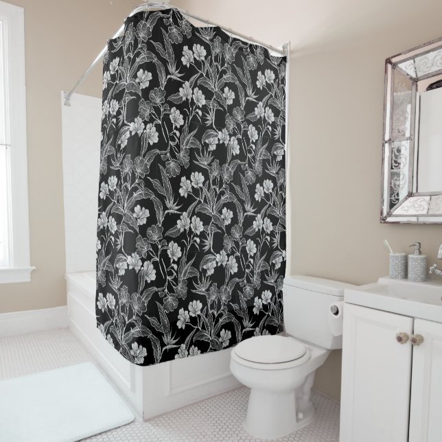 Black White Flowers Leaves Shower Curtain (In Situ)