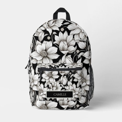 Black White Flowers Monogram Name Camp School Printed Backpack