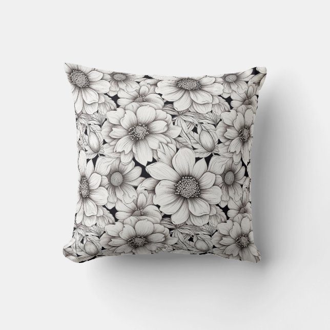 Black White Flowers Neutral Garden Botanical Throw Pillow (Front)