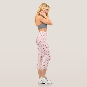 Black White Flowers On Pink Capri Leggings