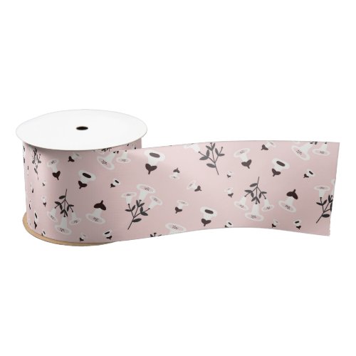 Black White Flowers On Pink Satin Ribbon