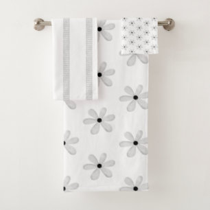 Black & White Flowers Stripe Bathroom Towel Sets