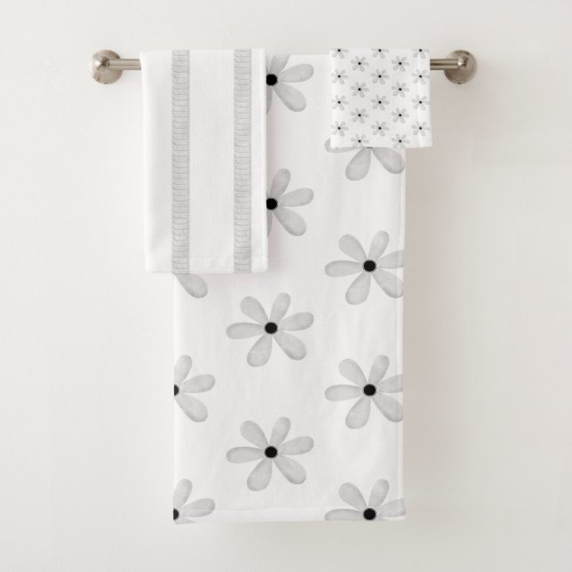 Black & White Flowers Stripe Bathroom Towel Sets (Insitu)