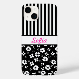 Black/White Flowers/Stripes Monogrammed Case-Mate iPhone 14 Case