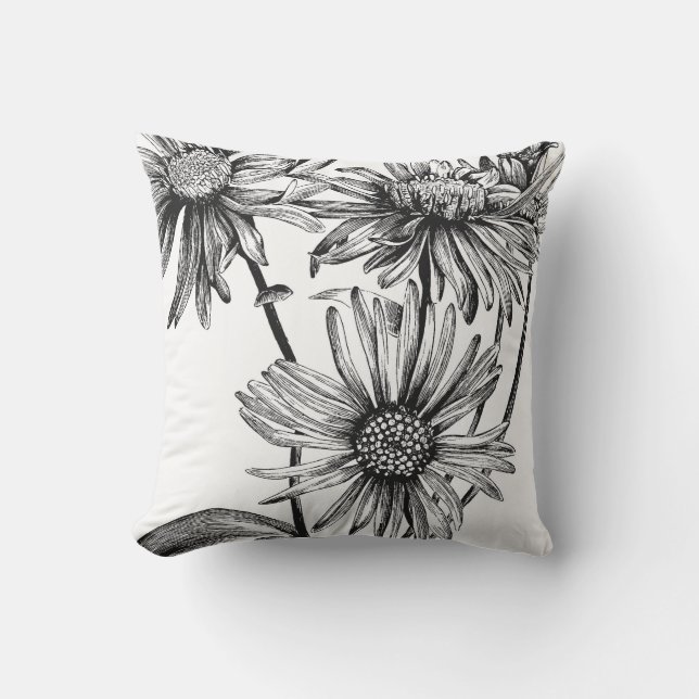 Black&White flowers Throw Pillow (Front)
