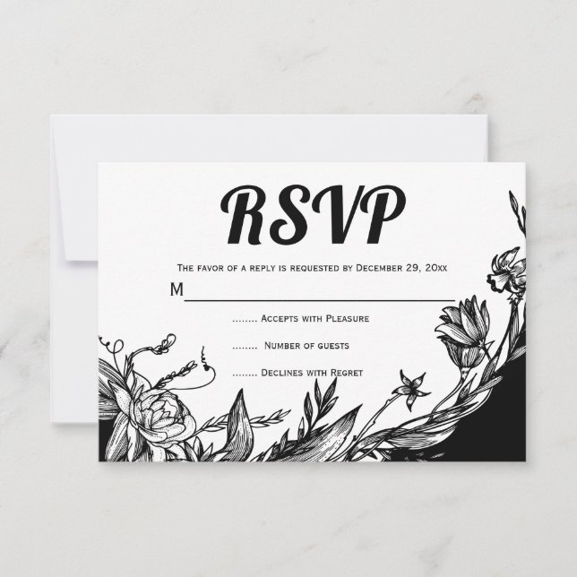 Black, white flowers typography floral RSVP card (Front)