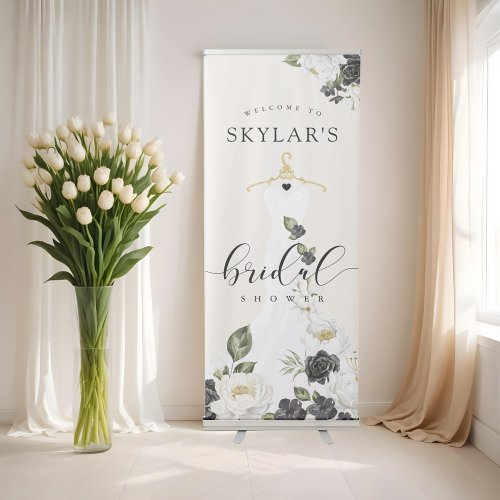 Black  White Flowers Wedding Dress Bridal Shower Retractable Banner