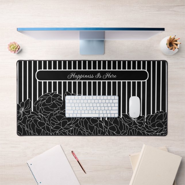 Black & White Flowers with Stripes Custom Text Desk Mat (Office 1)