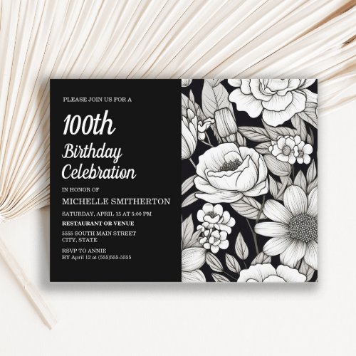 Black White Flowers Womens 100th Birthday Invitation Postcard