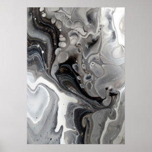 Black White Fluid Marble Abstract Gray Silver Poster