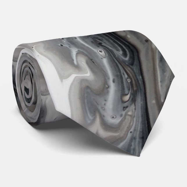 Black White Fluid Marble Liquid Abstract Art Tie (Rolled)