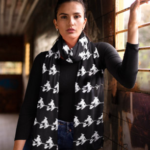 Black White Flying Witch Pattern Halloween Scarf