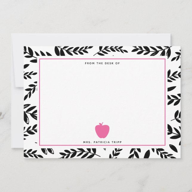 Black + White Foliage Pink Apple Teacher Note Card (Front)