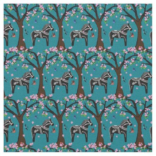Black/white Folk Dala horse/Folk birds/flowers Fabric