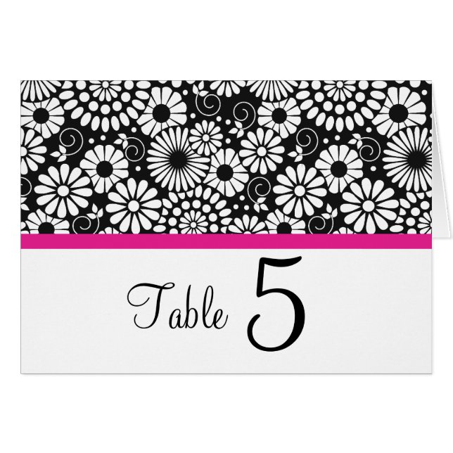 Black White Folk Flower Retro Wedding Table Number (Front Horizontal)