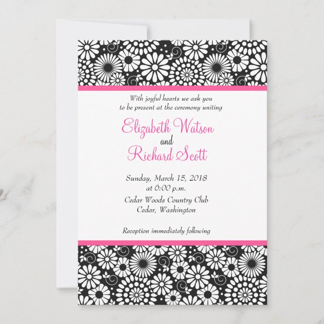 Black White Folk Flowers Retro Wedding Invitation (Front)