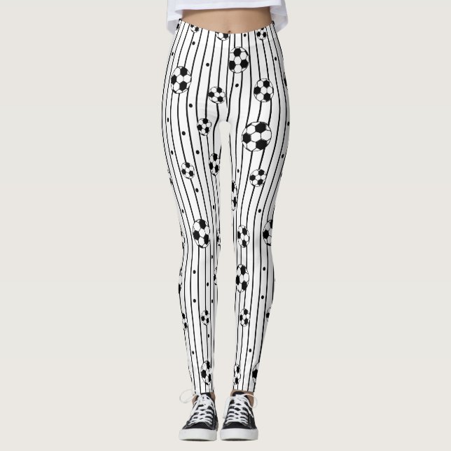 Black White Footballs Striped Sporty Soccer Mom Leggings (Front)