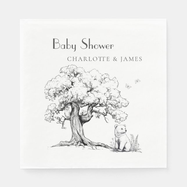 Black & White Forest Bear Baby Shower  Napkins (Front)