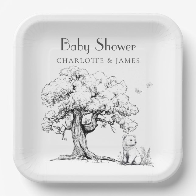 Black & White Forest Bear Baby Shower  Paper Plates (Front)
