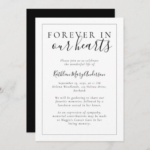 Black White Forever in Our Hearts  Memorial Invitation