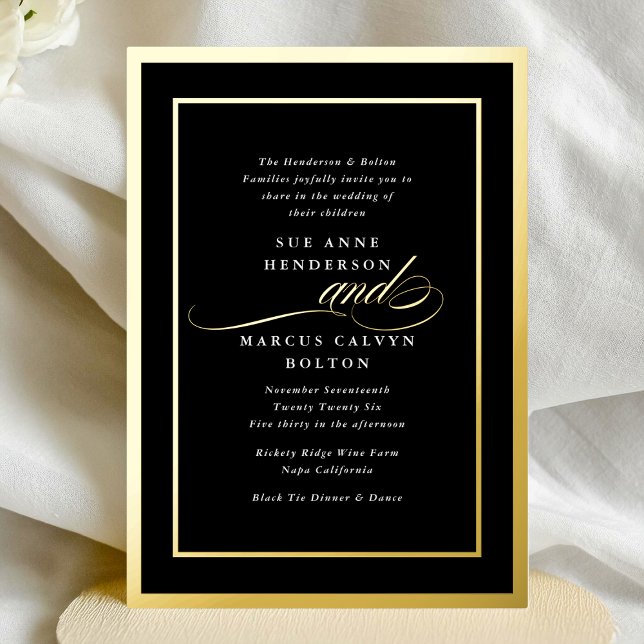 Black White Formal Calligraphy Gold Frame Wedding Foil Invitation (Creator Uploaded)