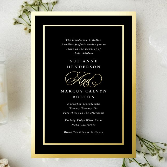 Black & White Formal Gold Frames Wedding Foil Invitation (Creator Uploaded)
