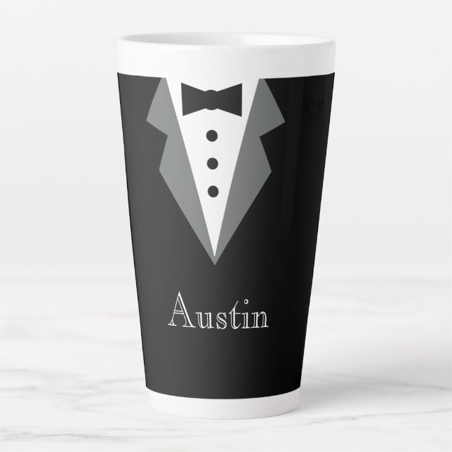 Black White Formal Tuxedo Personalized Latte Mug (Front)