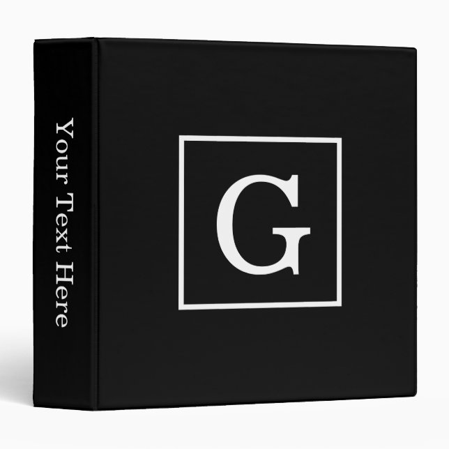 Black White Framed Initial Monogram 3 Ring Binder (Front/Spine)