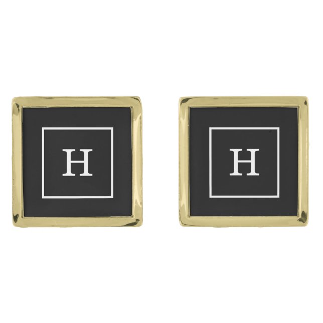 Black White Framed Initial Monogram Gold Cufflinks (Front)