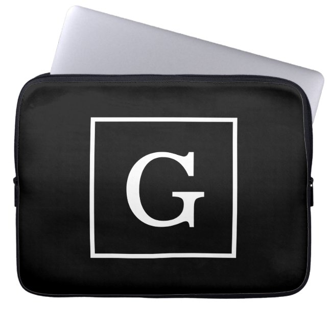 Black White Framed Initial Monogram Laptop Sleeve (Front)