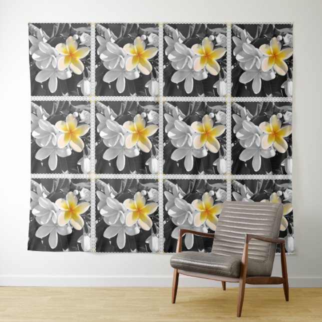 Black White Frangipanis With One Yellow Frangipani Tapestry (In Situ (Horizontal))