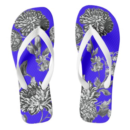 Black  White French Blue Botanical Floral Toile Flip Flops