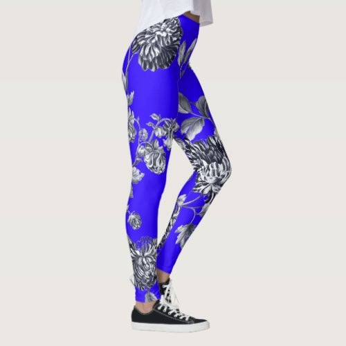 Black  White French Blue Botanical Floral Toile Leggings