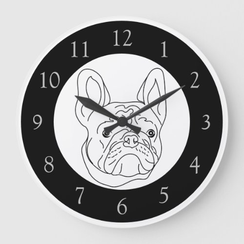 Black White French Bulldog Drawing Large Clock