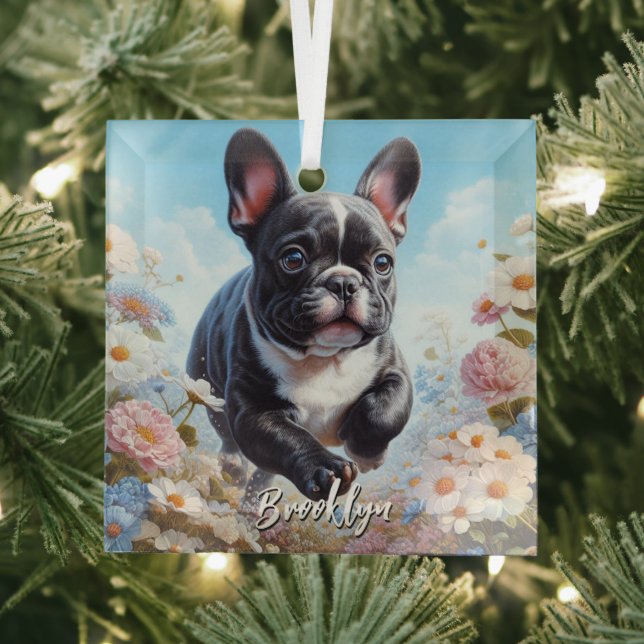 Black & White French Bulldog & Flowers  Glass Ornament (Insitu)