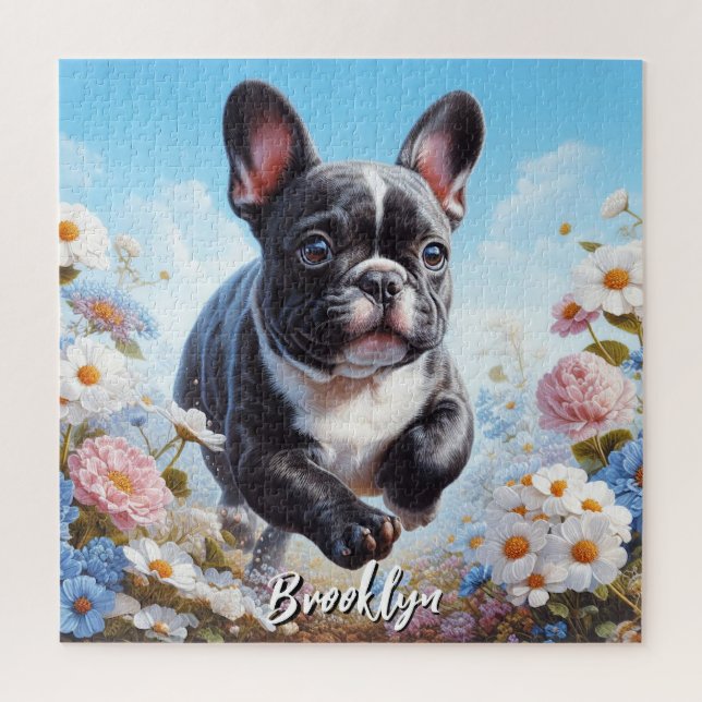 Black & White French Bulldog & Flowers  Jigsaw Puzzle (Vertical)