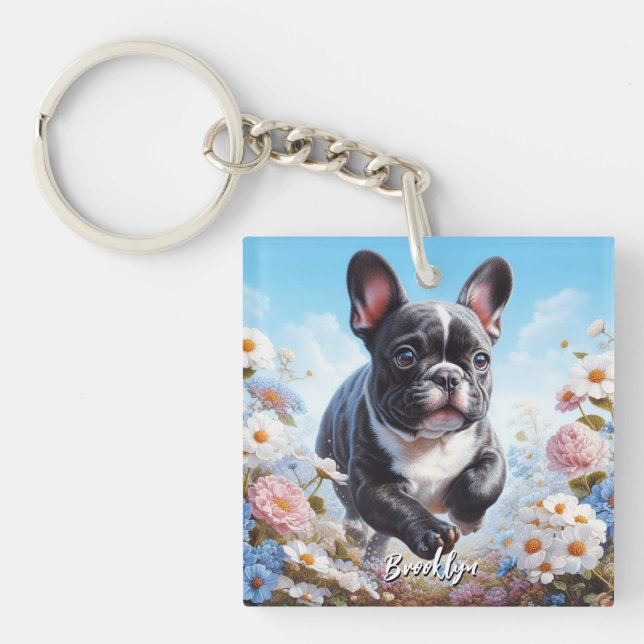 Black & White French Bulldog & Flowers  Keychain (Front)