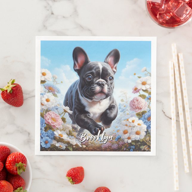 Black & White French Bulldog & Flowers  Paper Dinner Napkins (Insitu)
