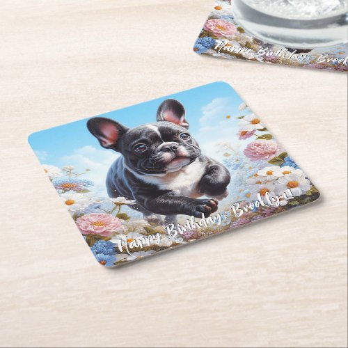 Black  White French Bulldog  Flowers  Square Paper Coaster