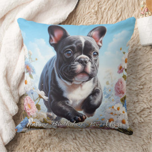 Black & White French Bulldog & Flowers  Throw Pillow