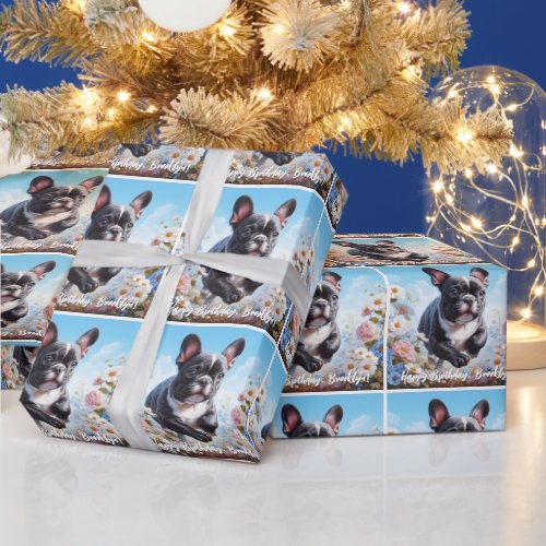 Black  White French Bulldog  Flowers  Wrapping Paper