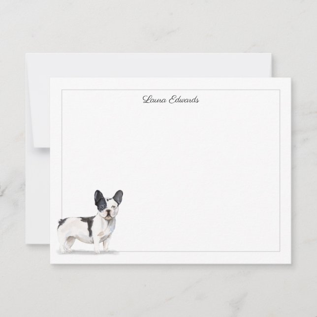 Black White French Bulldog Gray Border Stationery Note Card (Front)