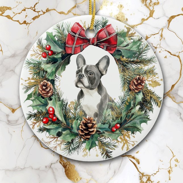 Black White French Bulldog Pine Cone Bow Wreath Ceramic Ornament (Creator Uploaded)