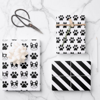 Black White French Bulldog Wrapping Paper Set of 3