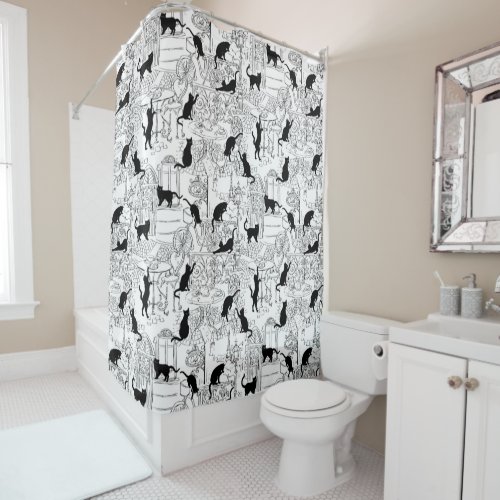 Black White French Cat Paris Cafe Shower Curtain