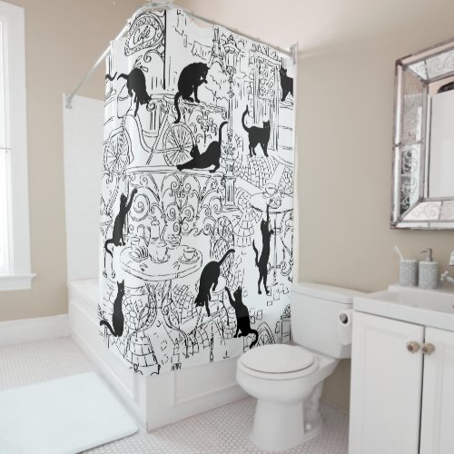 Black  White French Cat Paris Cafe Shower Curtain