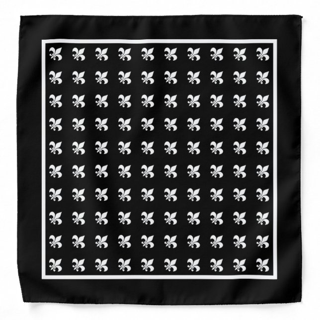 Black White French Fleur de Lis Pattern Bandana (Front)