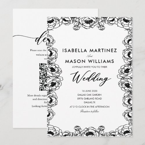 black & white FRENCH FLORAL GARDEN WEDDING INVITE
